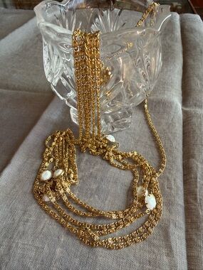 Vintage Gold Multi-Strand Chain Necklace with White Stone Accents